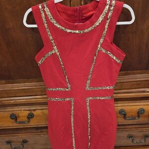Xtaren Red Mini Dress with Gold Sequin Details